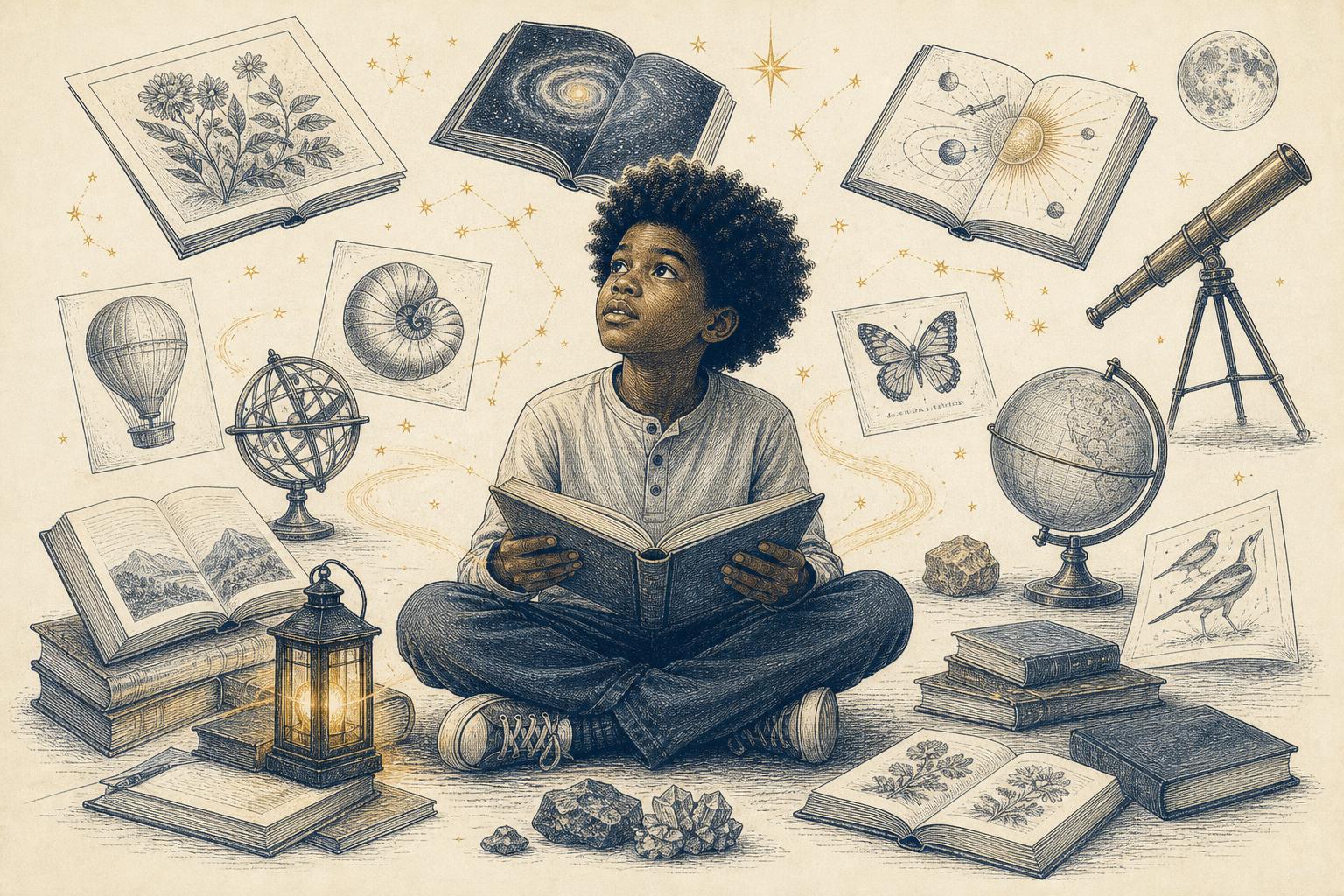 A child surrounded by illustrated learning books and floating diagrams